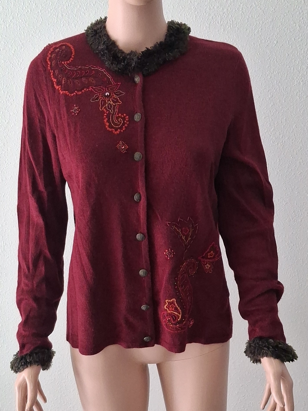 Women’s Burgundy Embroidered Cardigan Sweater